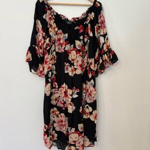 Mlle Gabrielle‎ Black Floral 3/4 Sleeve Dress 3X Lined Shift Boho Cottagecore